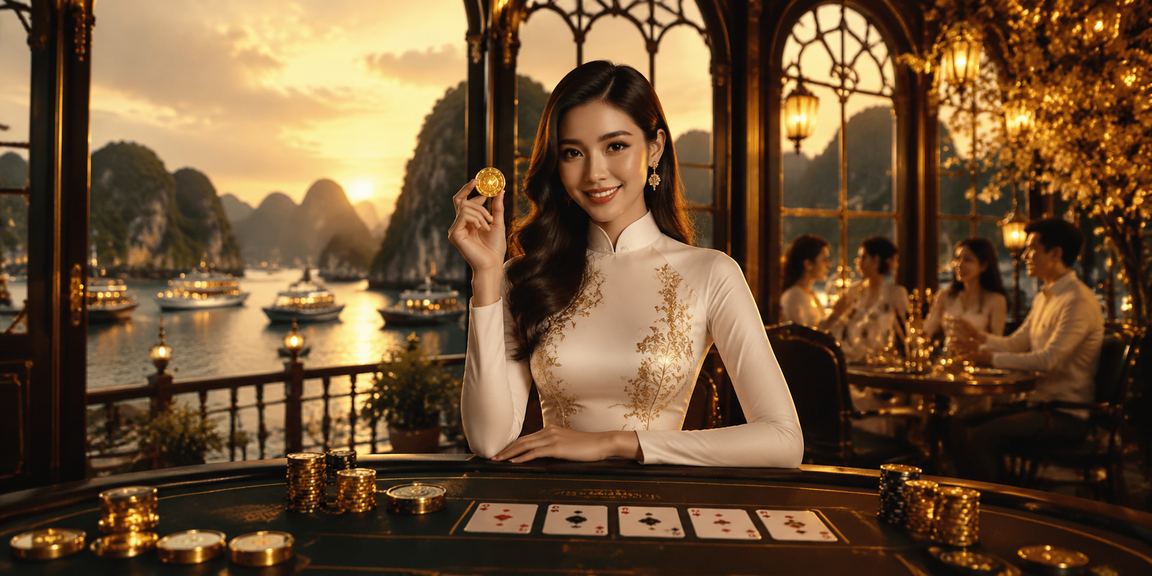 Người phụ nữ áo dài chơi Baccarat VIP với cảnh vịnh Hạ Long lộng lẫy phía sau